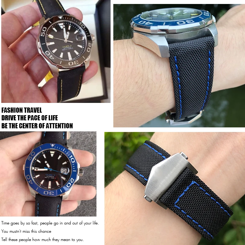 20mm 22mm High Quality Nylon Canvas Watch Band Suitable for Tag Heuer Aquaracer Carrera Watchband Black Leather Strap Free Tools