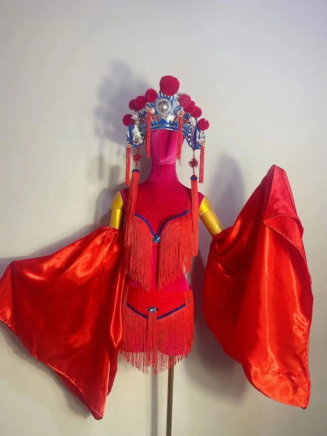 Red chinese folk dance costume stage show wear sexy bikini Peking Opera Headwear full set