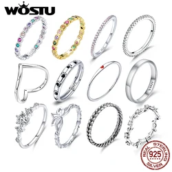 WOSTU Genuine 100% 925 Sterling Silver Glitter Stackable Circle Finger Rings For Women Engagement Wedding Round Fine Jewelry