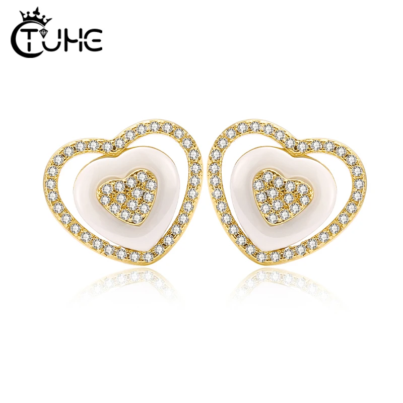 

TUHE Double Heart Ceramic Stud Earrings With AAA Cubic Zirconia Ear Jewelry For Women Fashion Black White Ceramic Trendy Earring