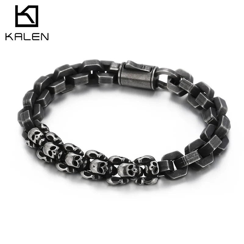KALEN Vintage Square & Skull Bracelet Men's Chunky Gothic Homme Stainless Steel Jewelry Shiny 4 Colors Punk Style Accessories
