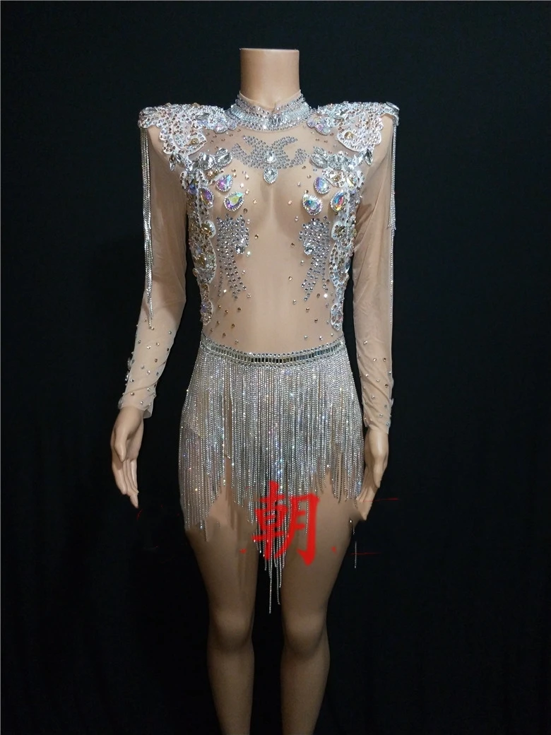 Sparkly Rhinestone Fringes Party Nightclub Outfit Shining Big Crystals Mesh Sexy Bodysuit Singer Stage Performance Dance Costume