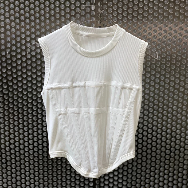 TWOTWINSTYLE White Minimalist Patchwork T-shirt Female Round Neck Sleeveless Korean Fashion Slim Solid T-shirts For Women Summer