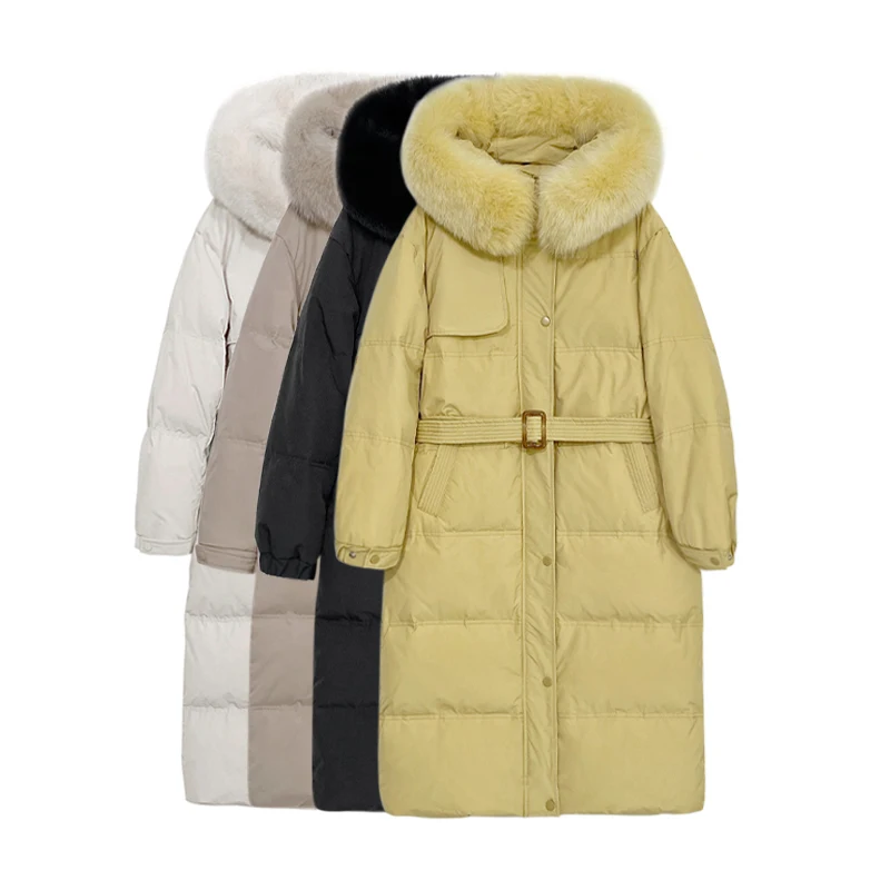 Imagem -02 - Inverno Feminino Gola de Pele de Raposa Longo com Capuz para Baixo Jaqueta Cabolsas Preto Quente Jaquetas Grosso Parka Pato Branco para Baixo Jaqueta de Inverno