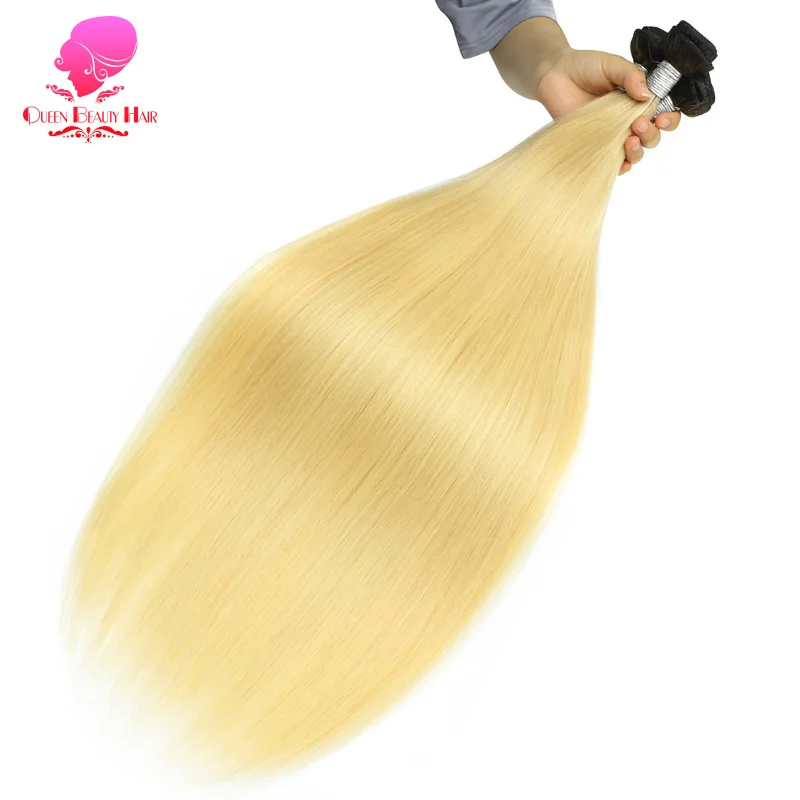 Königin Schönheit 3 Bündel und Verschluss 2 Ton dunkle Wurzeln 1b/613 Ombre blonde brasilia nische gerade Bündel remy menschliches Haar mit Verschluss – Detail 5