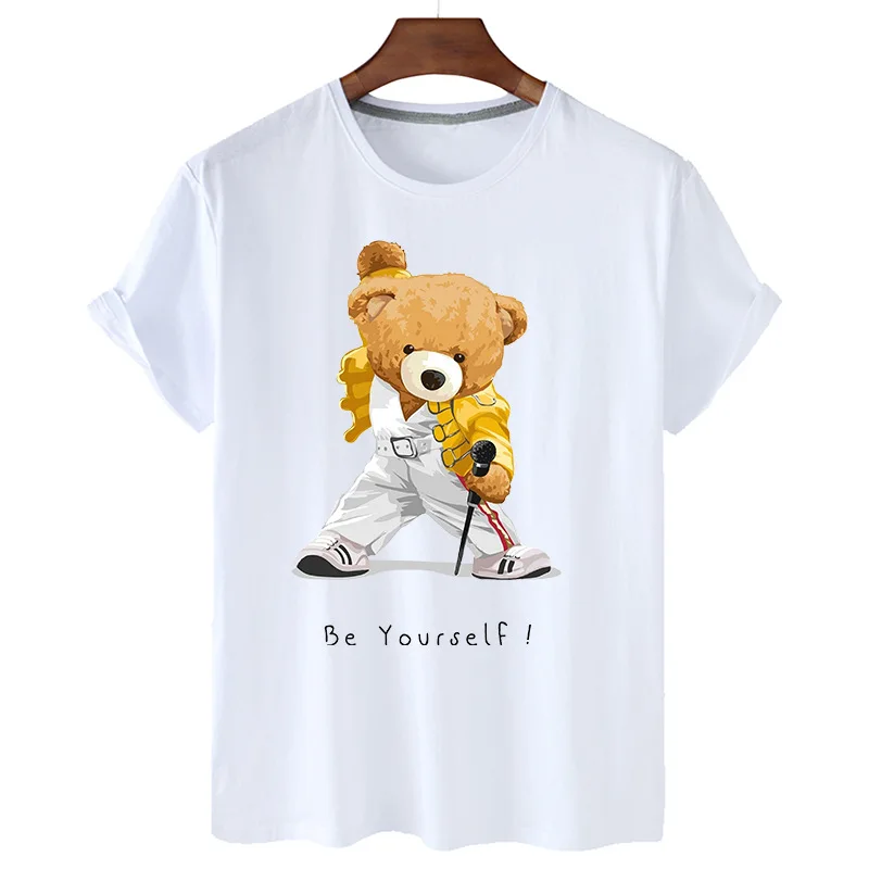 

100% Cotton Singer Bear Print Short-sleeved T-shirt Women Summer Casual Short-sleeved Couple Oversized T-shirt Ladies Shirt 4XL