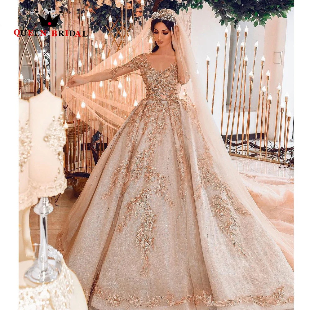 Luxurious Dubai Wedding Dresses Half Sleeve Sequins Tulle Lace Crystal Beaded Appliques 2023 New Bridal Gown Custom Made JT48