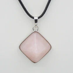 New Fashion Natural Stones Pyramid Pendants Square Reiki White Crystal Rose Pink Quartzs Necklaces for Women Men Healing Jewelry