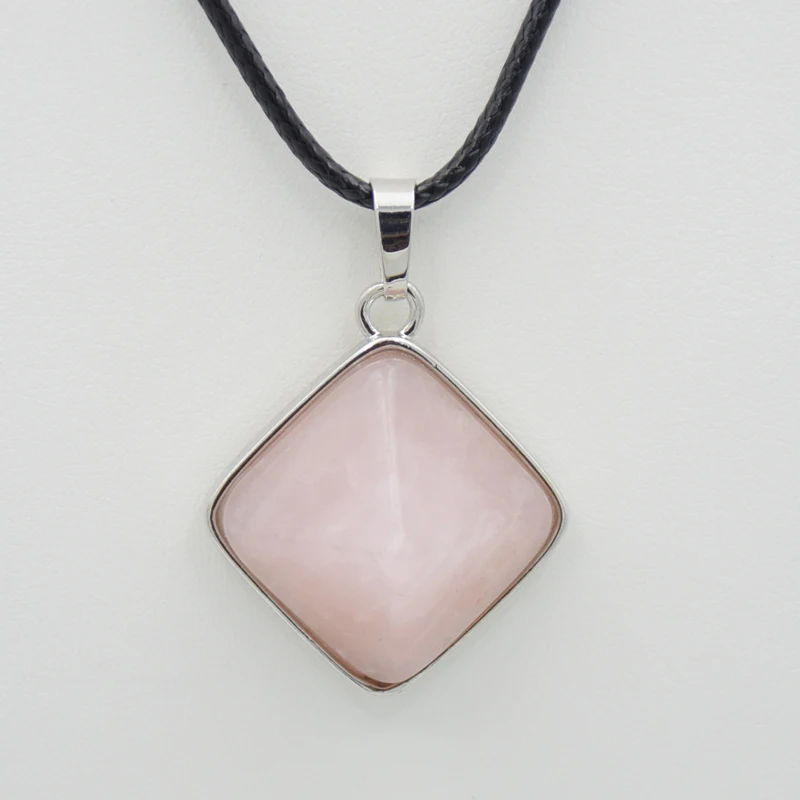 New Fashion Natural Stones Pyramid Pendants Square Reiki White Crystal Rose Pink Quartzs Necklaces for Women Men Healing Jewelry