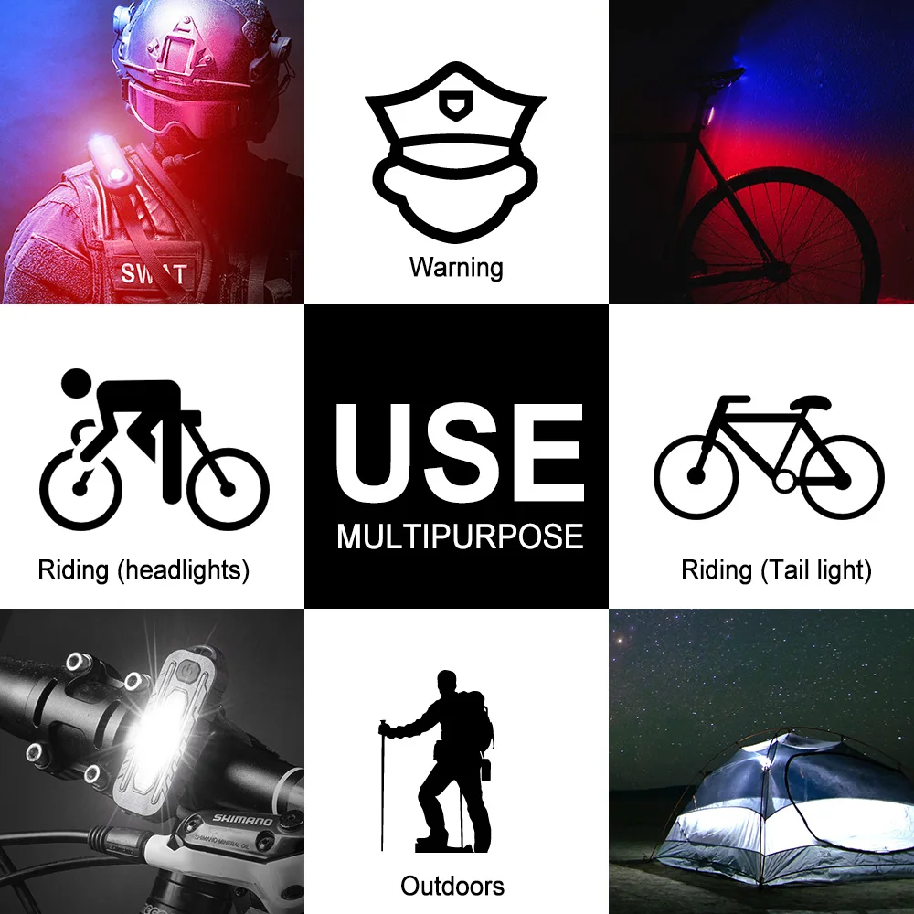 LED+SMD Clip Headlight USB Recharging Flashlight Bike Tail Light Red&Blue Warning Strobe Shoulder Waist Helmet Safety Work Lamp