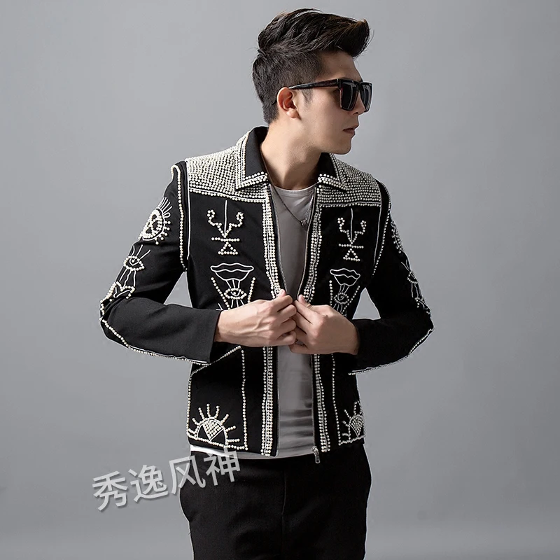 Autumn New Blazer Men Handmade Beaded Rivet Zipper Jacket Korean Personality Embroidery Mens Coat Nightclub Male Singer Costume