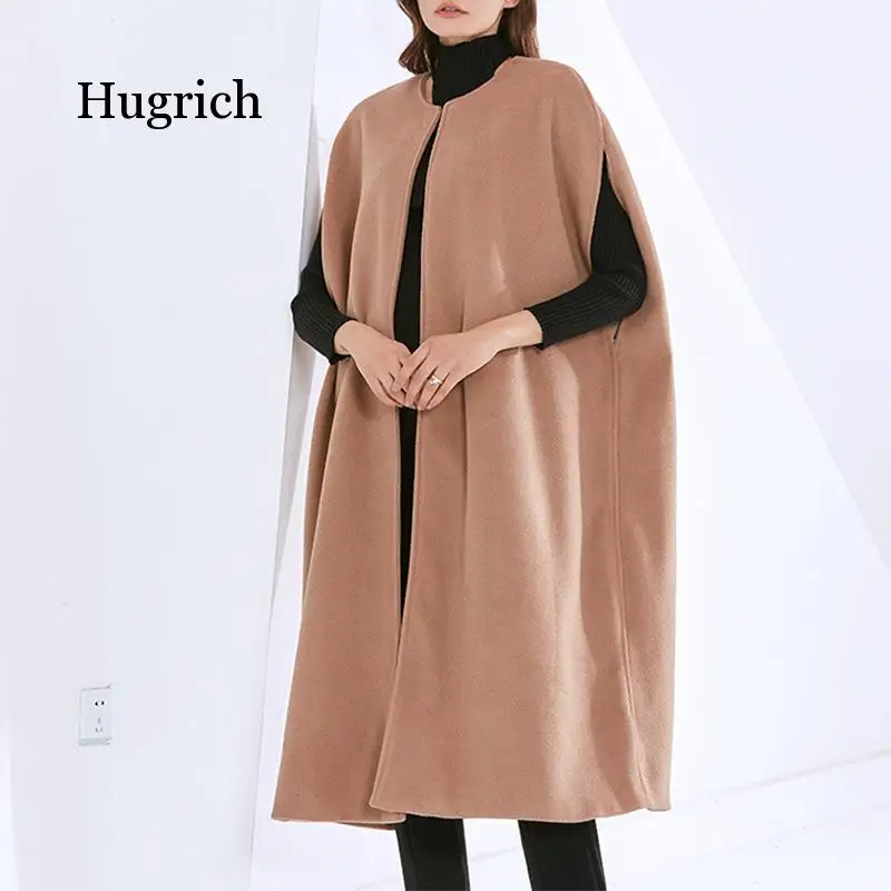 2021 Winter New Fashion French Retro Cape Sleeveless Tweed Medium Long Solid Color Coat for Women