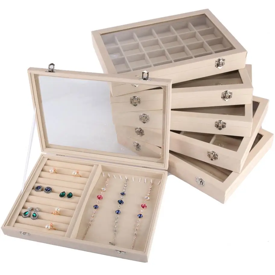 Beige Velvet Clear Lid 12/24Grid Earrings Organizer Storage Jewelry Tray Display Box Case Stackable Holder Showcase