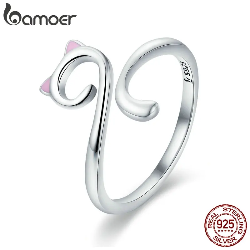 bamoer Hot Sale Authentic 925 Sterling Silver Cute Cat Nail Pussy Open Size Finger Ring for Women Party Ring Jewelry SCR341