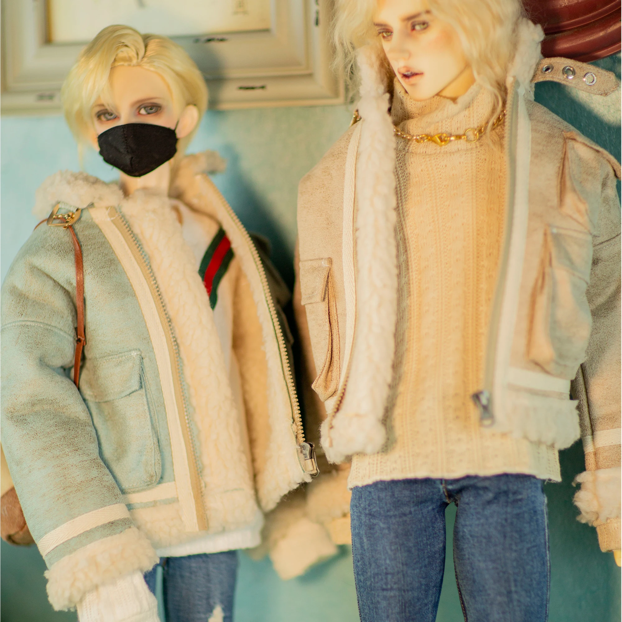 New BJD Doll Clothes Grey Blue/Beige Plush Jacket Top Ripped Jeans 1/4 1/3 DDDY MSD popo68 Uncle Pants doll Accessories