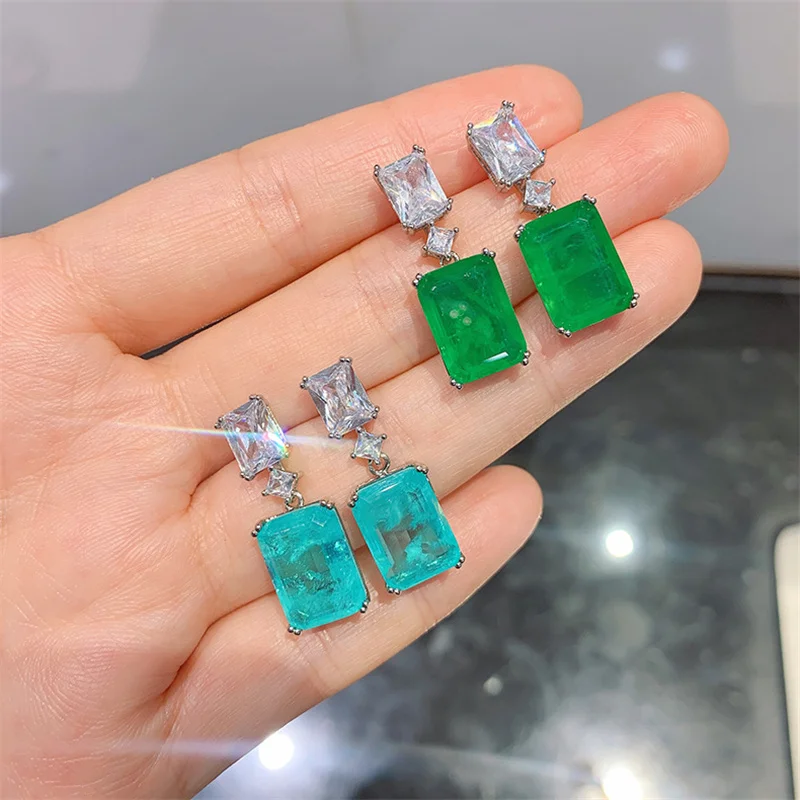 

QTT Rectangle Dangle Earrings Paraiba Lab Emerald Tourmaline Stone Female Earrings Silver Color Wedding Jewelry 2022