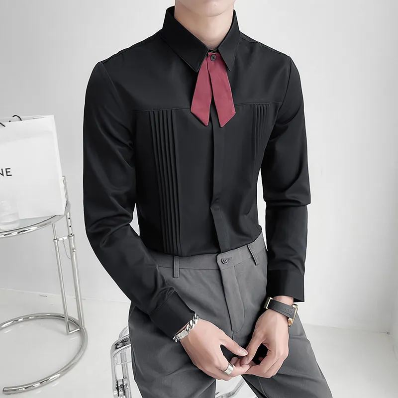 

Luxury Men Wedding Party Shirt Korean Fashion Designer Men Pleated Slim Fit Shirt Men Long Sleeve Dress Shirt Social Streetwear