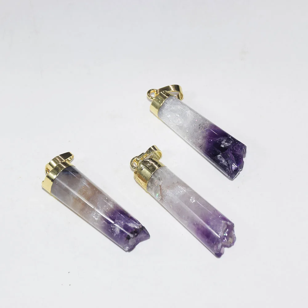 Natural Amethyst Purple crystal quartz cylinder pendant female 2023 raw column gold plated cap geode druzy stone point 5pc