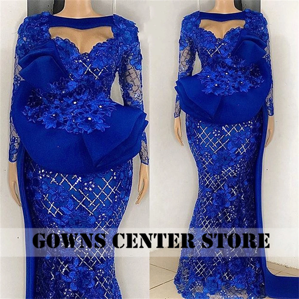 Aso Ebi African Royal Blue Lace Evening Dresses Long Sleeve Sweep Train Nigerian Mermaid Prom Dress For Ladies Customized