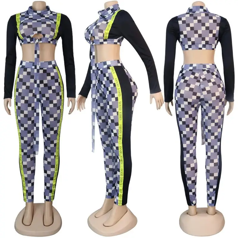 2020 New Plaid print long sleeve autumn women black jumpsuit women\'s Pants Fashion Slim Ladies Sexy sporswear Bodycon Yoga suits