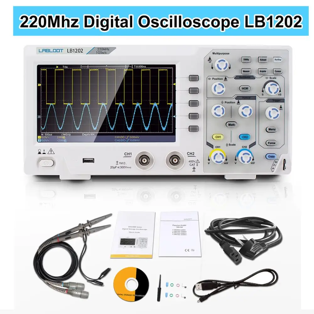 LABLOOT LB1202 Digital Storage Oscilloscope, 2 Channels 220Mhz Bandwidth 7'' Handheld LCD Display Portable USB Oscilloscopes