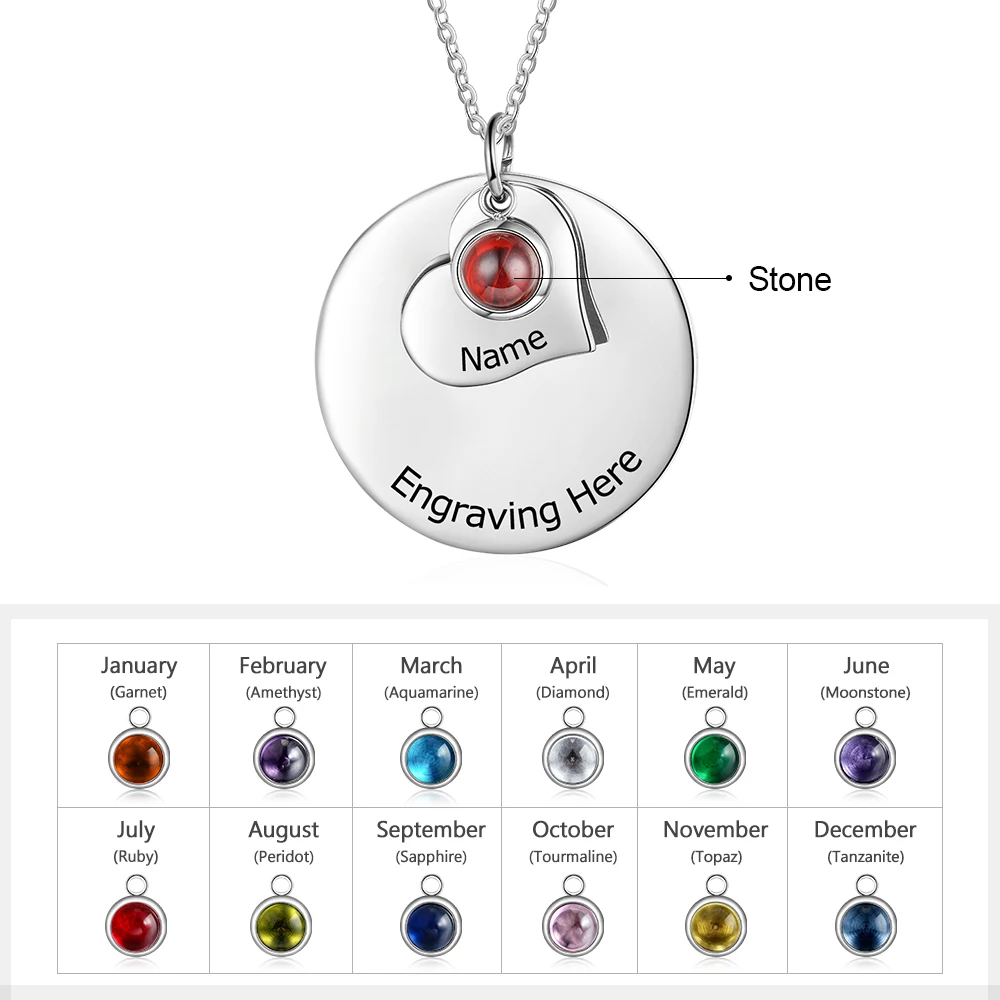 Personalized Engraved Round Disc Pendant Necklace Custom Birthstone Heart Necklaces for Women DIY Birthday Gift (NE103781)