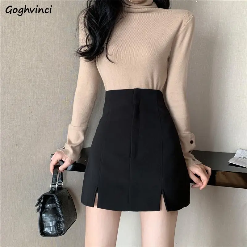 

Mini Skirts Women Black Office Lady Summer Female Korean Style Empire A-line Sexy Side-Split Hot Sale Elegant Faldas Basic Chic