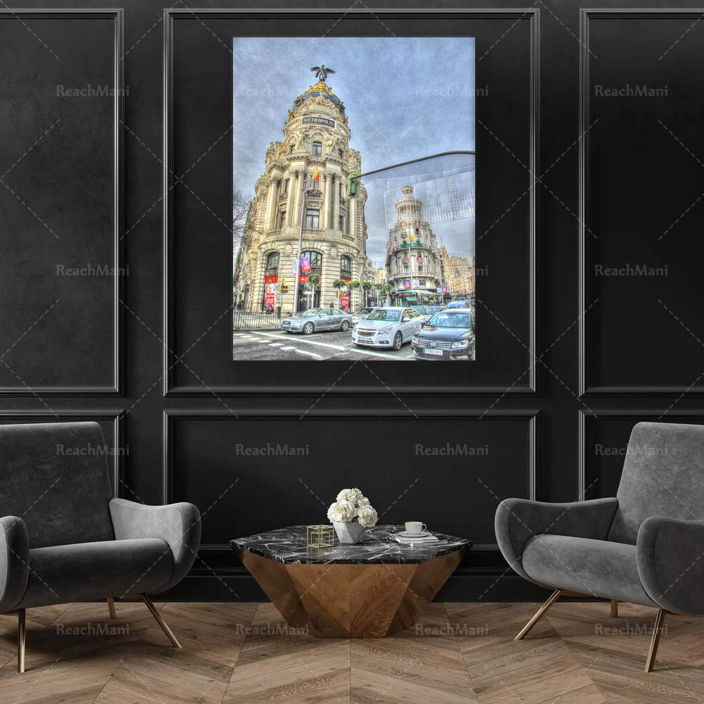 Madrid,  Spain. View Metropolis Building and Grassy Building. Christmas in Madrid, Urban Architecture. Madrid poster printing