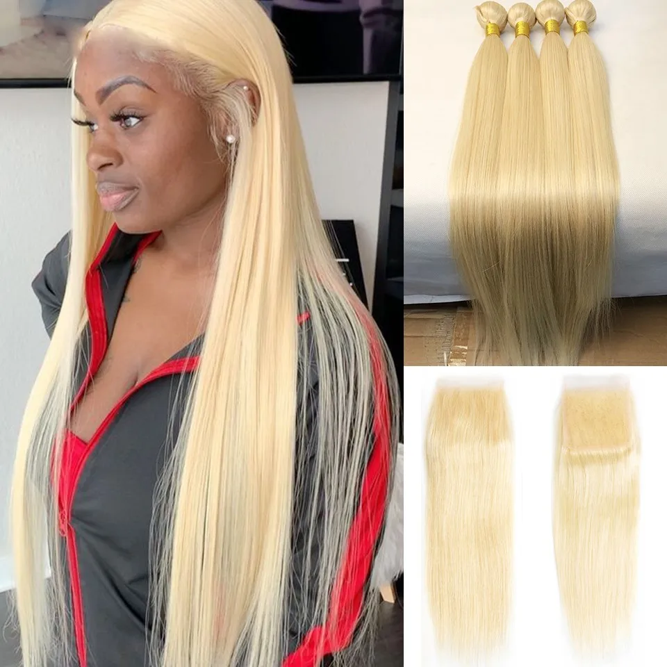 613 Honey Blonde Human Hair Straight Brazilian Hair Weave Bundles with Closure 4x4 613 Blonde Hair Deals 3 4 Bundles and Closure