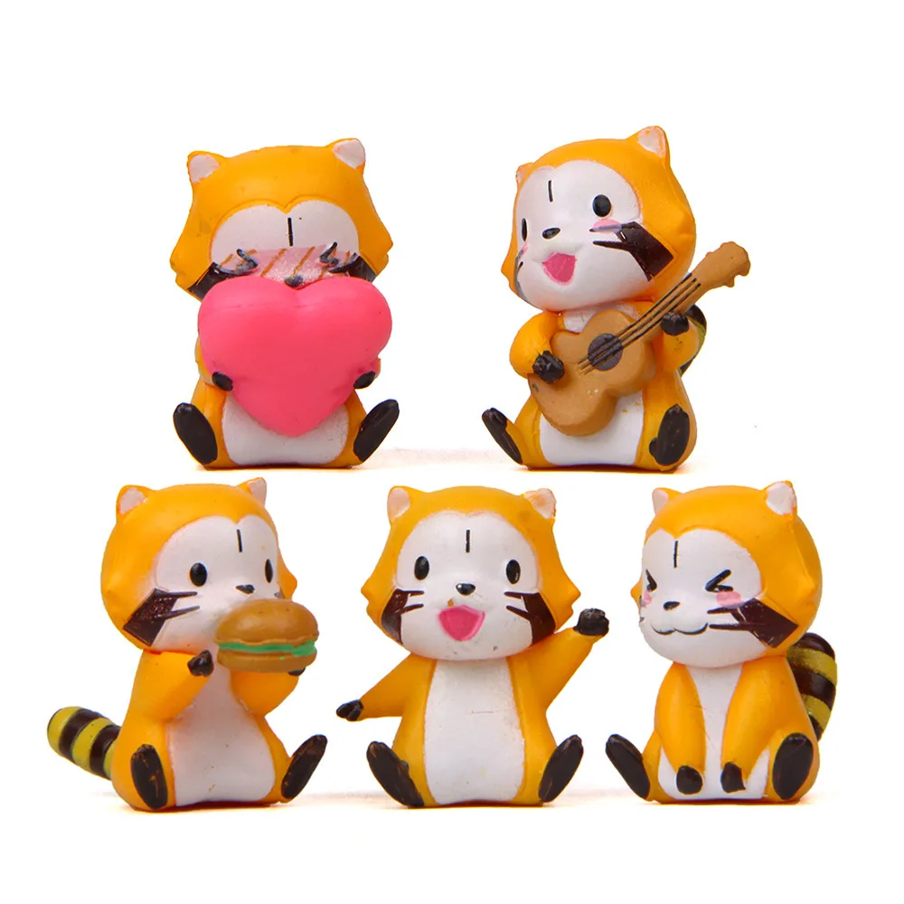 Figuritas de mapache Kawaii para decoración del hogar, juguetes en miniatura de Hada, jardín, musgo, para tocar guitarra, comer hamburguesa, adornos de escritorio, 5 uds.