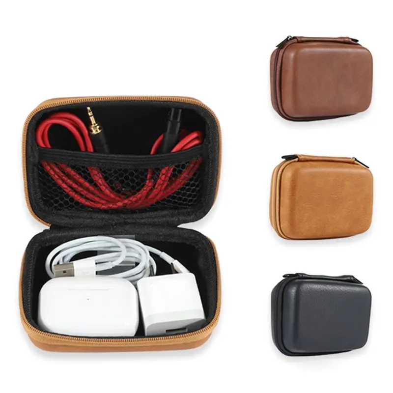 Mini USB Data Cable Organizer Bag Leather Earphone Storage Case Protable Zipper Pouch Box