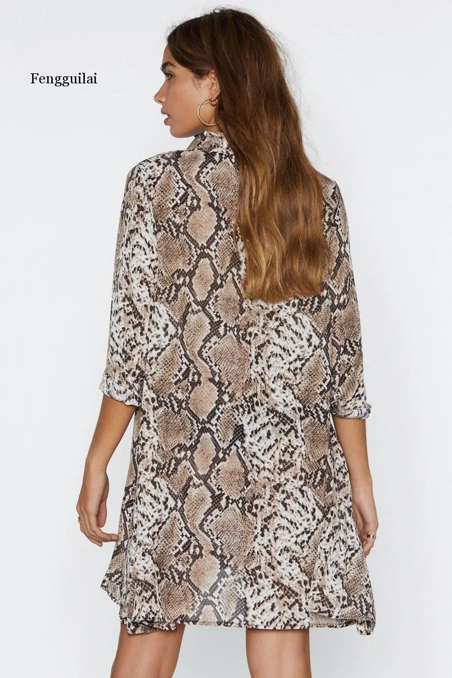 Women Spring Sexy Leopard Snake Print Thin and Light Striped V-Neck Dress Ladies Casual Mini Dresses Shirt Collar Knee Length