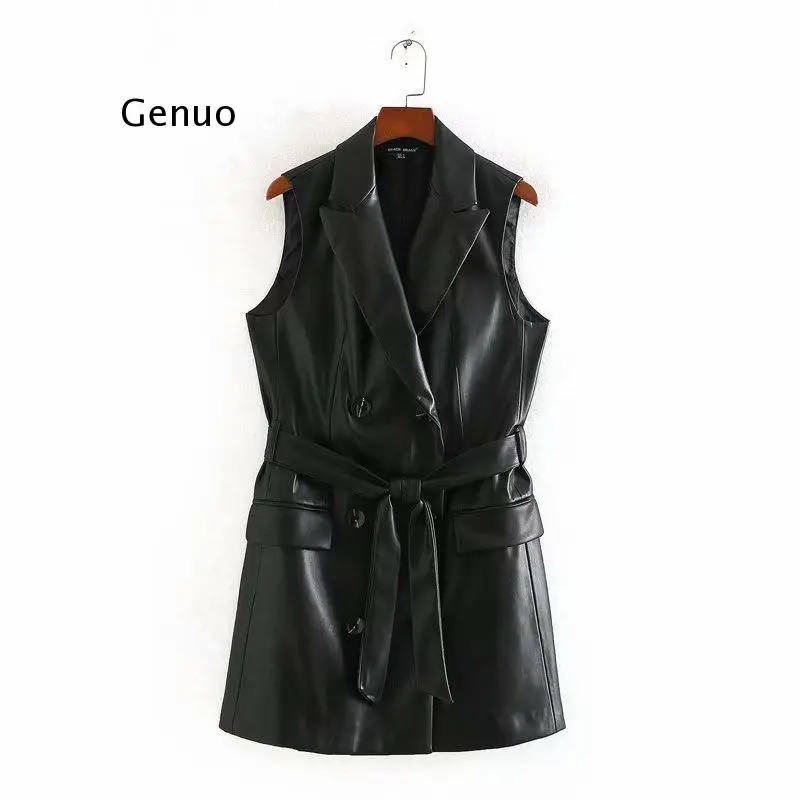 

Women Vintage Fashion PU Faux Leather Waistcoat Double Breasted With Belt Pockets Female Outerwear Chic Tops