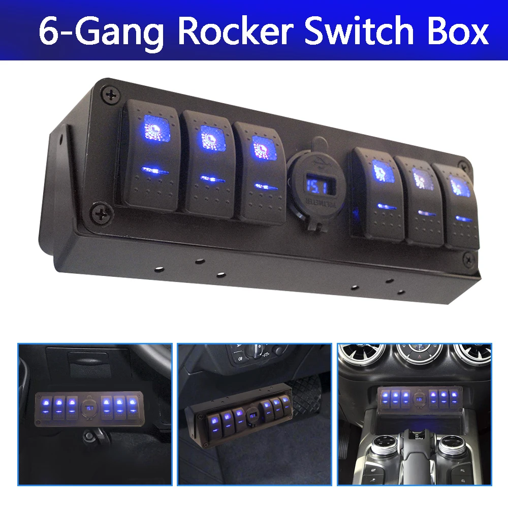 6+1 Gang Rocker Switch Box for Cars Vehicles Yacht Switch Panel 12-24V 20A Universal Double QC3.0