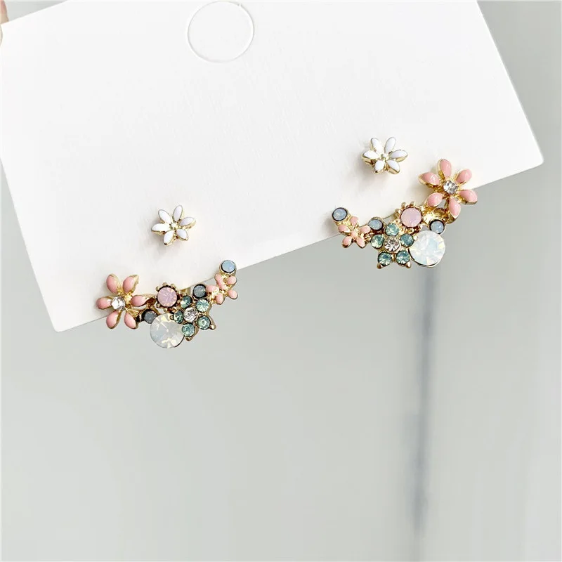 Korean Vintage Colorful Painted Oil Flower Back Hanging Earrings for Women Crystal Stud Earring Women Romantic Earrings Jewelry