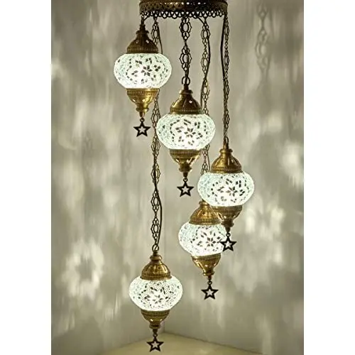 LaModaHome English Moroccan Mosaic Hardwired OR Swag Plug in Chandelier Light Ceiling Hanging Lamp Pendant Fixture (5X4.5 