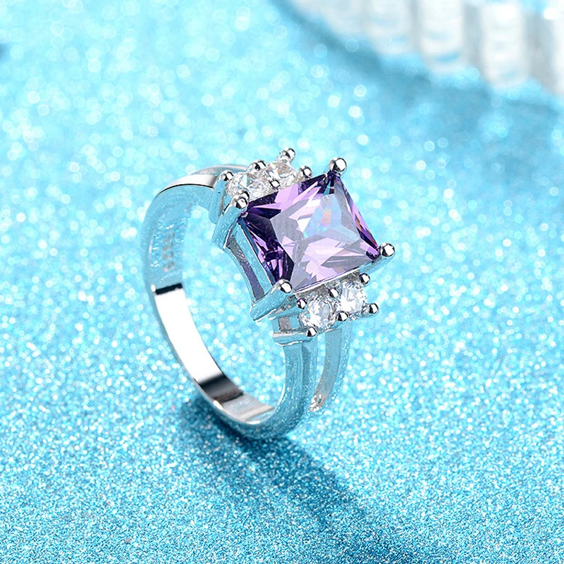 Fashion Rings 925 Silver Jewelry Rectangle Amethyst Zircon Gemstone Finger Ring for Women Wedding Engagement Party Ornaments