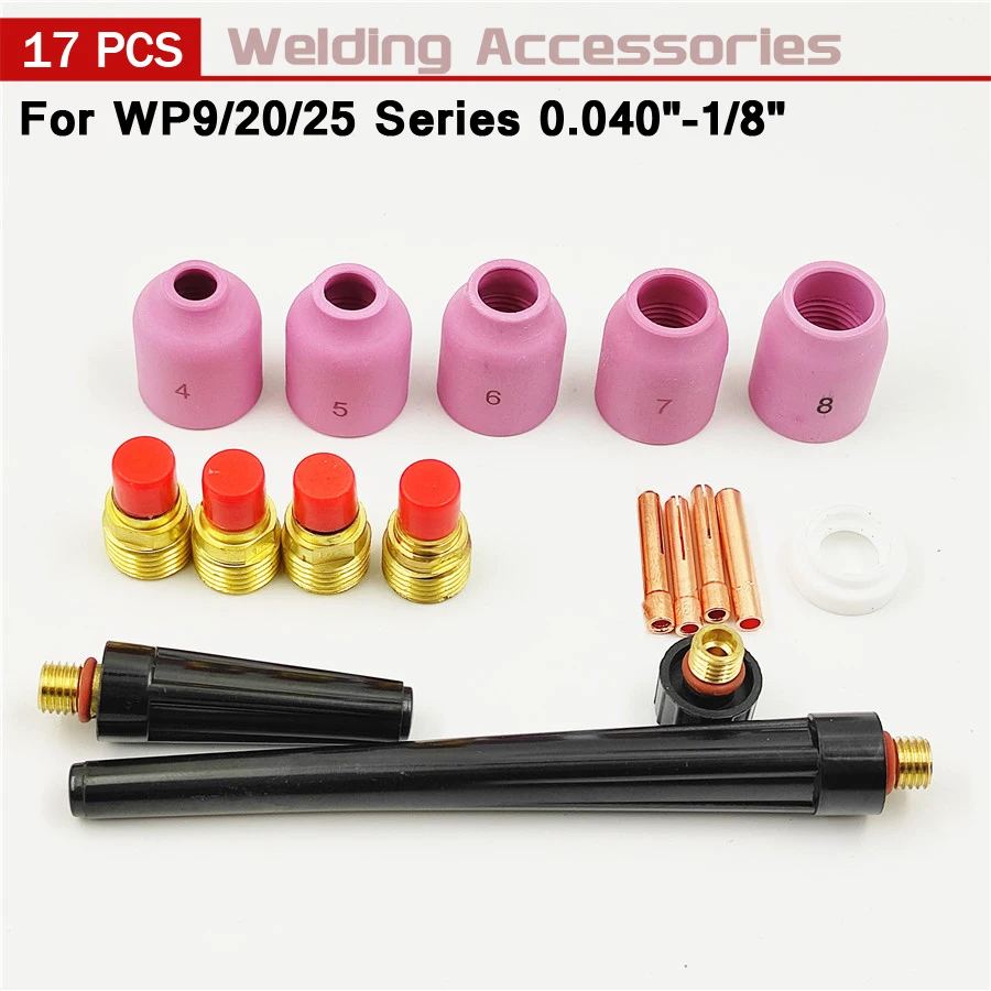 17 Teile/los Wig-schweißbrenner Gas Objektiv Zubehör Full Kit Set Für WP-9 WP-20 WP-25 Serie 0.040 "-1/8" schweißer Werkzeug – Detail 1