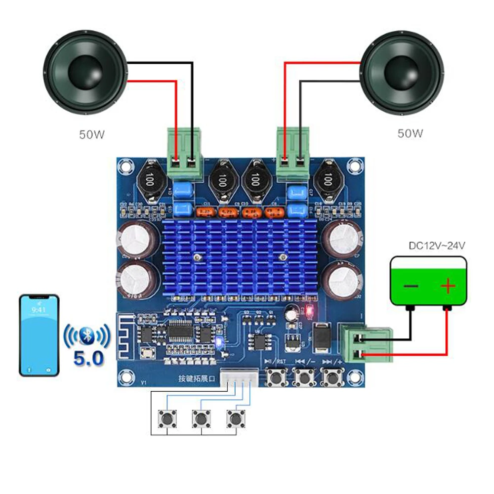 Placa amplificadora de potência 2x50w, módulo bluetooth de alta potência com plug-in de canal completo