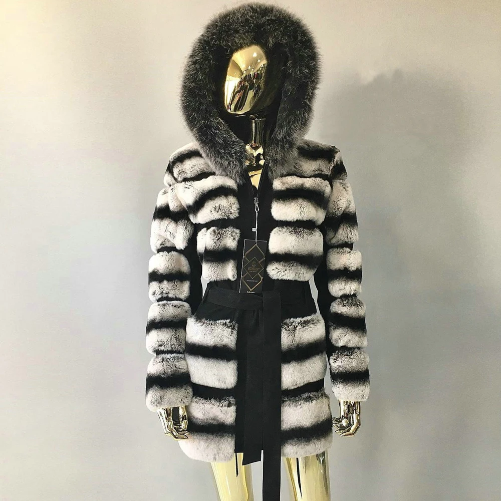 Giacca da donna in pelliccia di coniglio Rex naturale con cappuccio in pelliccia di volpe argentata spessa calda donna capispalla invernale nuovo cappotto di pelliccia di coniglio Rex alla moda