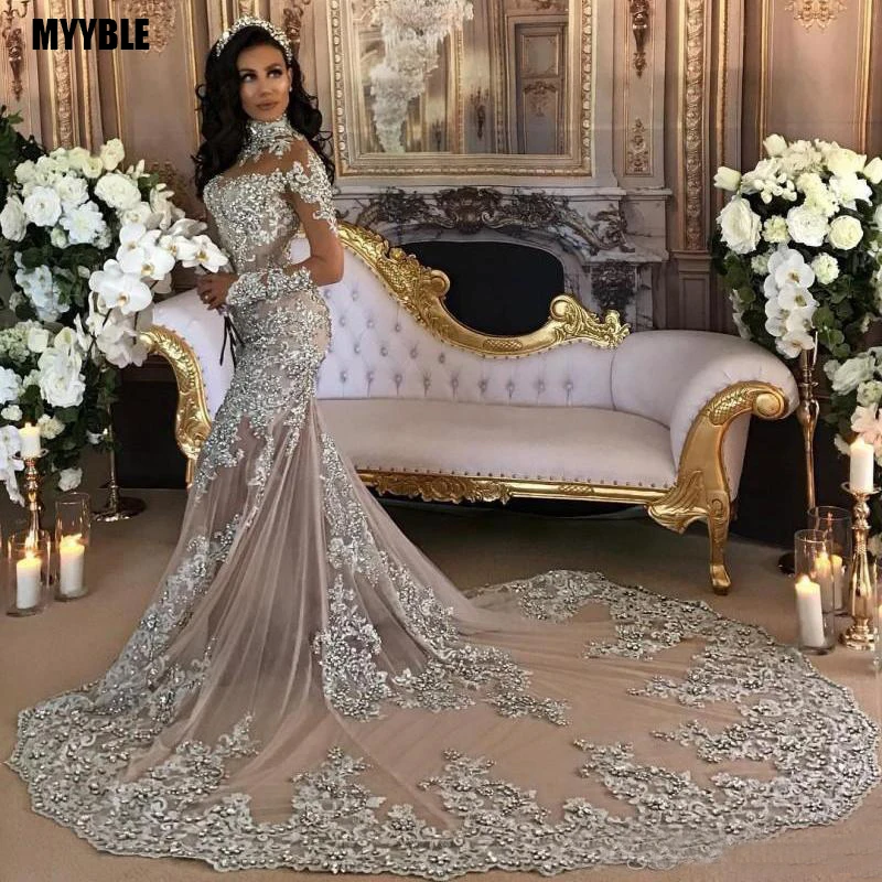 Vestido de casamento muçulmano sereia de renda personalizado com mangas compridas gola alta vestidos de noiva da Arábia Saudita Dubai vestido de noiva africano