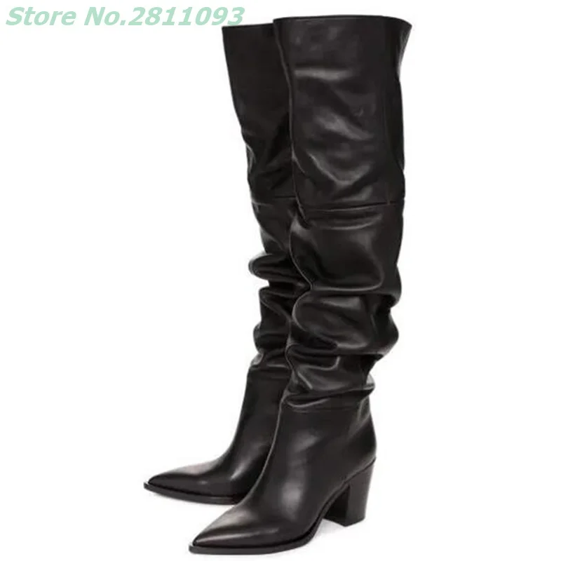 

Slouch Black Over The Knee Boots Pointed Toe Chunky Heels Shoes Soft Knee High Boots Women Matte Leather Pointed Toe Shoes