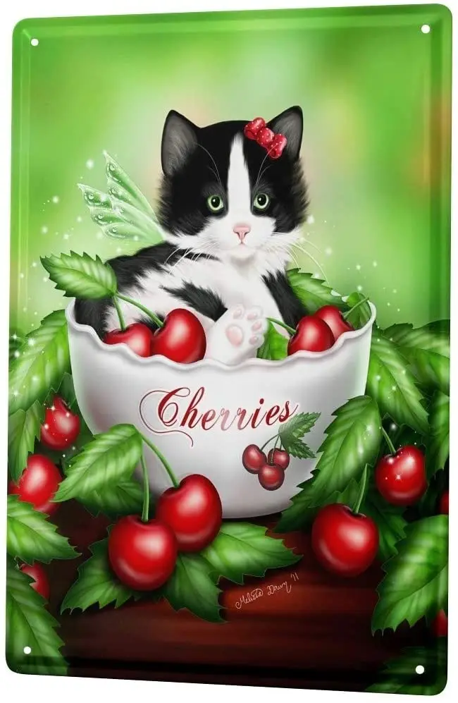 

LEotiE SINCE 2004 Tin Sign Metal Plate Decorative Sign Home Decor Plaques Cat Decoration Black White Kitten in Bowl of Cherries