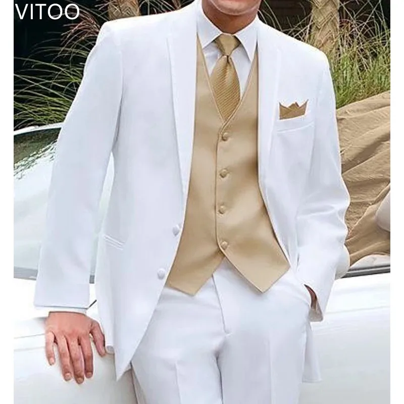 White Groom Tuxedo Wedding Custom Boyfriend Men's Suit Set 3 Piece Jacket Gold Vest With Pants Formal Occasion Fashion Clothing