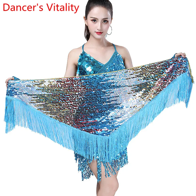 Bufanda de cadera de práctica de danza del vientre para mujer, cinturón de baile indio Oriental, borla de lentejuelas de 7 colores, cadena de cintura, traje de entrenamiento de competición