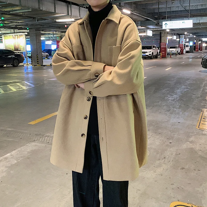 

2020 Autumn and Winter New Youth Men's Woolen Coat Korean Style Retro Fashion Lapel Loose Mid-Length Coat
