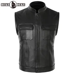 Men Real Leather Vest Motorcycle Biker High Quality Vest Genuine Leather Cowhide Sleeveless Jackets Waistcoat Stand Collar 5XL