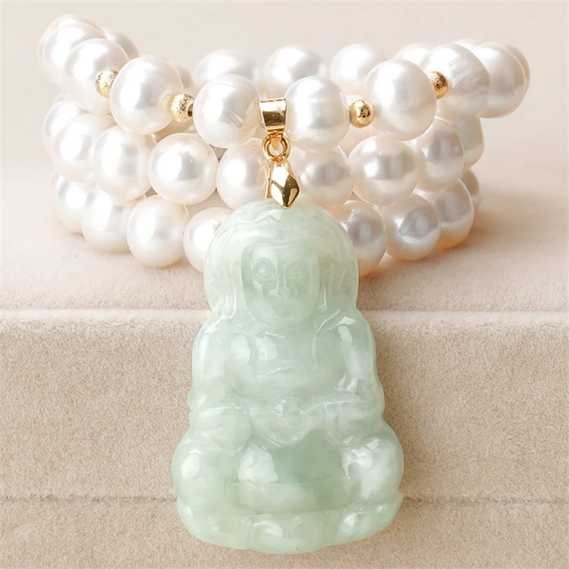 HABITOO Emerald Jade Guanyin Pendant White Freshwater Pearl Necklace 18inches Jewelry for Women Charming Gifts Daily Wear