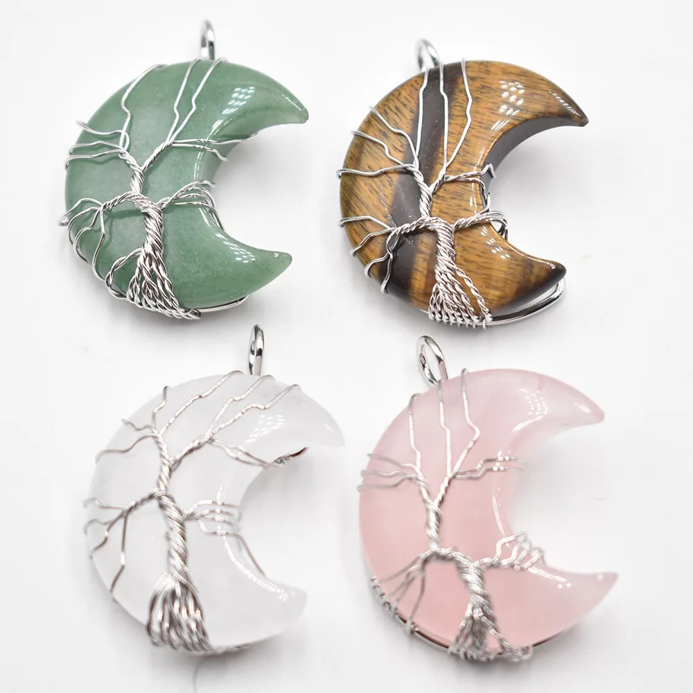 

Natural Crystal Pendant Tree Of Life Moon Shape Reiki Polished Mineral Jewelry Healing Stone For Men Women Jewelry Gift 4pcs/lot