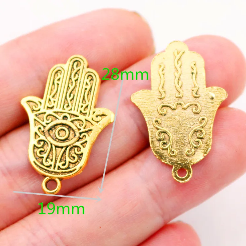 10pcs / lots Charms Hamsa Palm Fatima Hand Protection 28x19mm Antique Gold Color Pendants Making DIY Metal Handicraft Finding